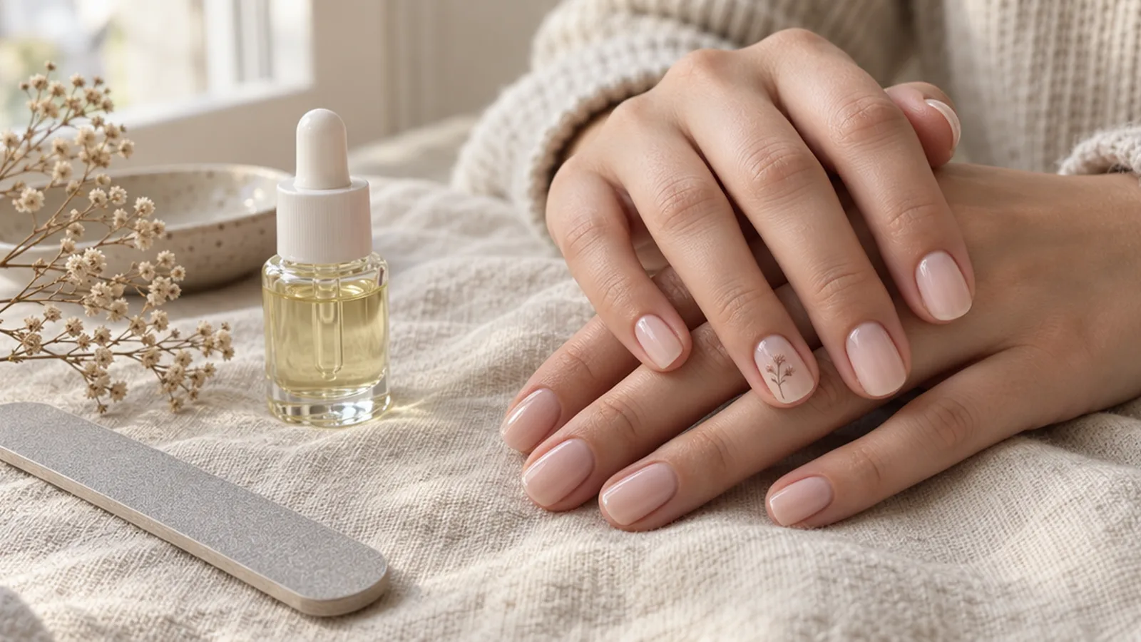 Hands with a soft pink manicure beside cuticle oil and a nail file