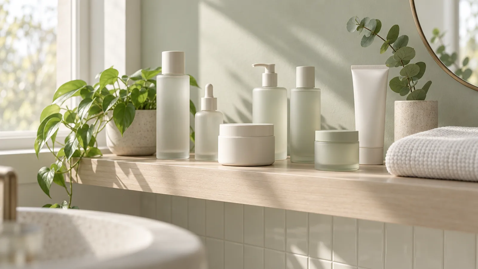 Unlabeled skincare bottles and jars arranged on a bright bathroom shelf