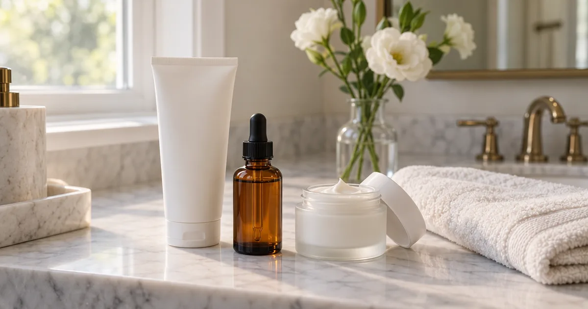 Unlabeled sunscreen tube, serum dropper bottle and open cream jar on a marble bathroom vanity in morning light