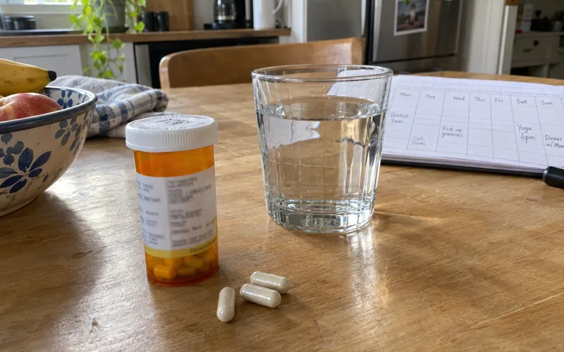 An amber pharmacy bottle of antibiotic capsules next to a glass of water