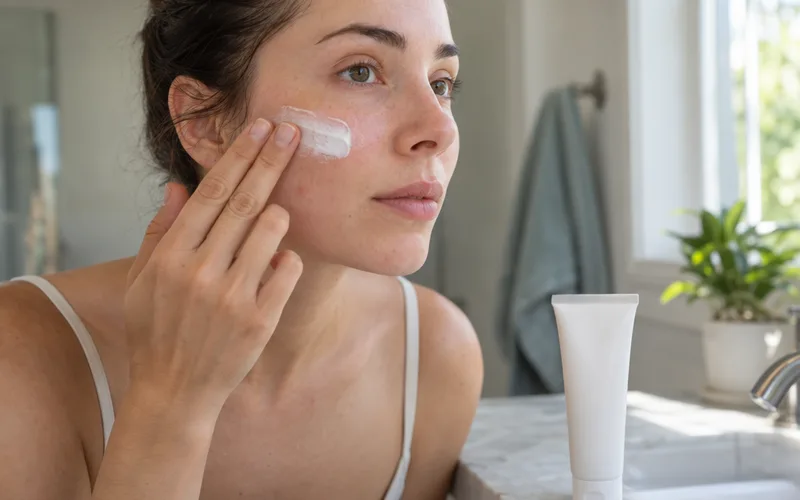 Woman smoothing sunscreen over her cheek in the morning with a plain sunscreen tube on the counter