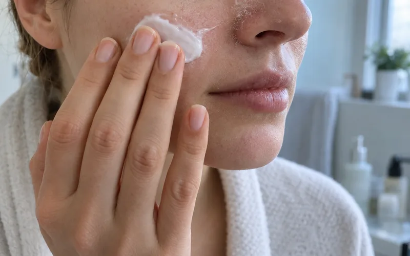 Woman patting moisturizer onto a slightly dry, flaky cheek