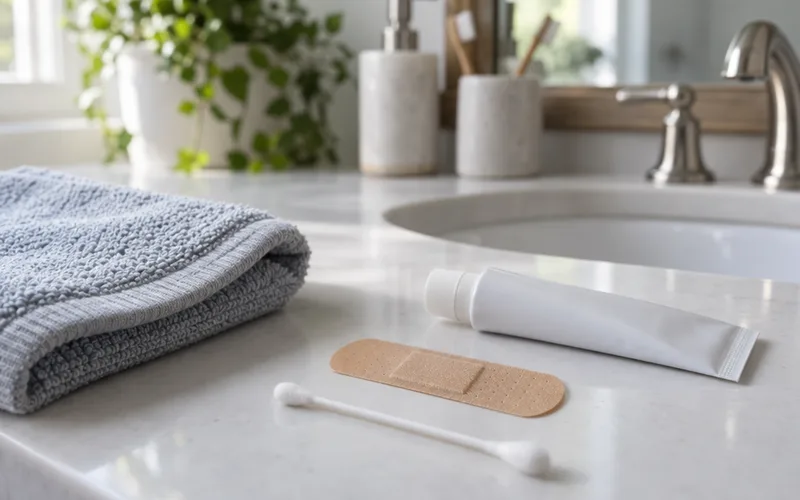 Fresh adhesive bandage, unbranded ointment tube and cotton swab on a white bathroom counter