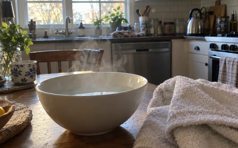 A bowl of steaming hot water with a folded towel beside it for an at-home facial steam