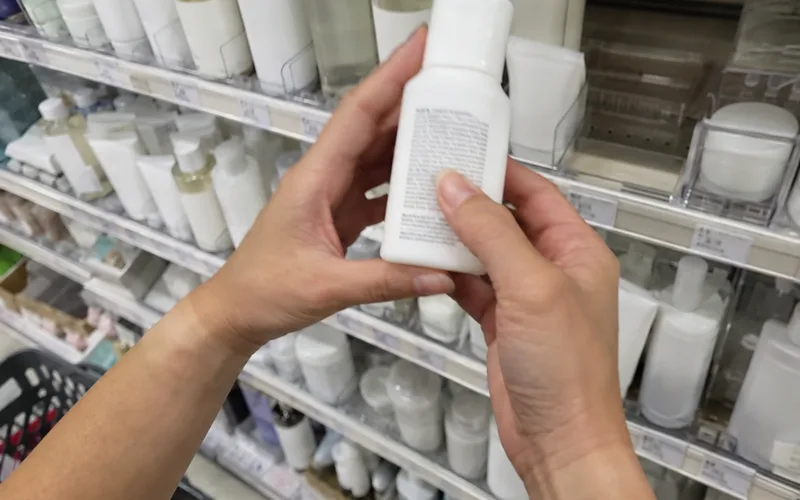 Hands holding a skincare bottle and checking its ingredient label in a drugstore