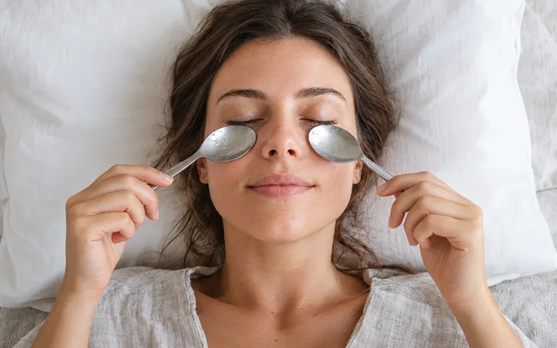 Woman resting with two chilled spoons pressed gently under her closed eyes