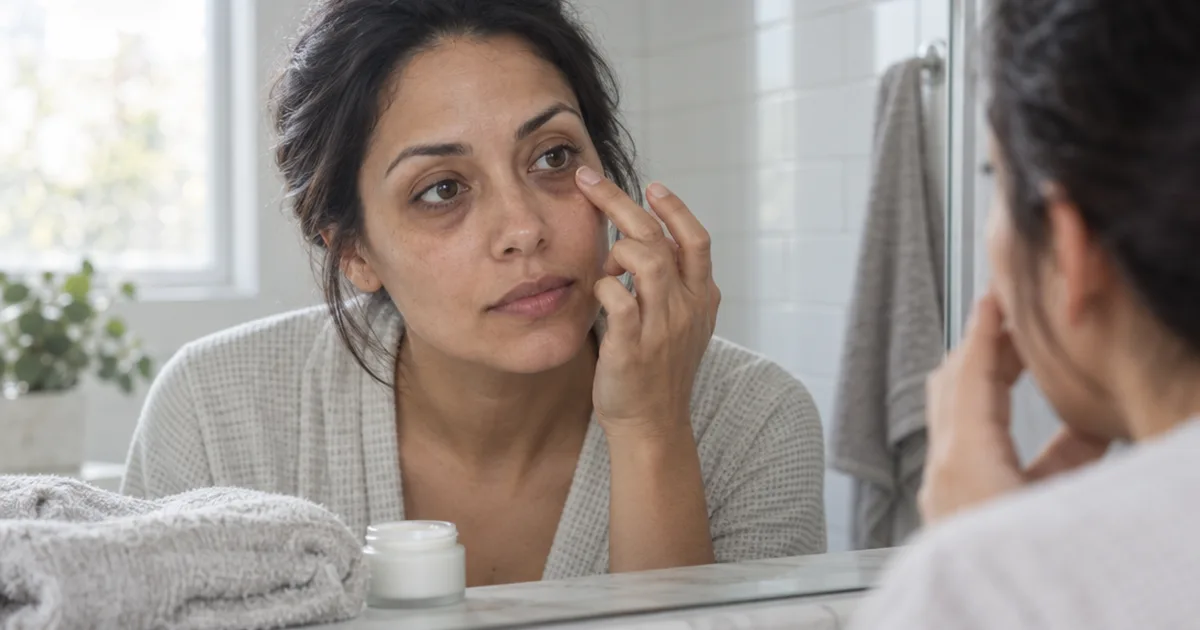 Woman leaning toward a bathroom mirror in morning light, touching the skin under her eye to check her dark circles