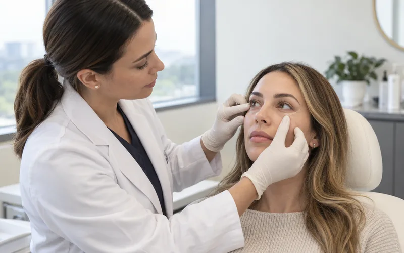 Dermatologist gently assessing the under-eye area of a seated patient in a bright clinic