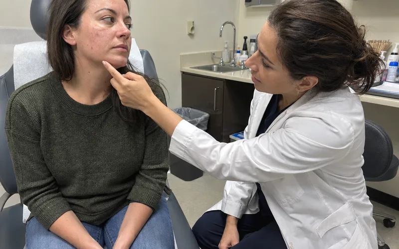 Woman talking with a dermatologist about prescription retinoid options