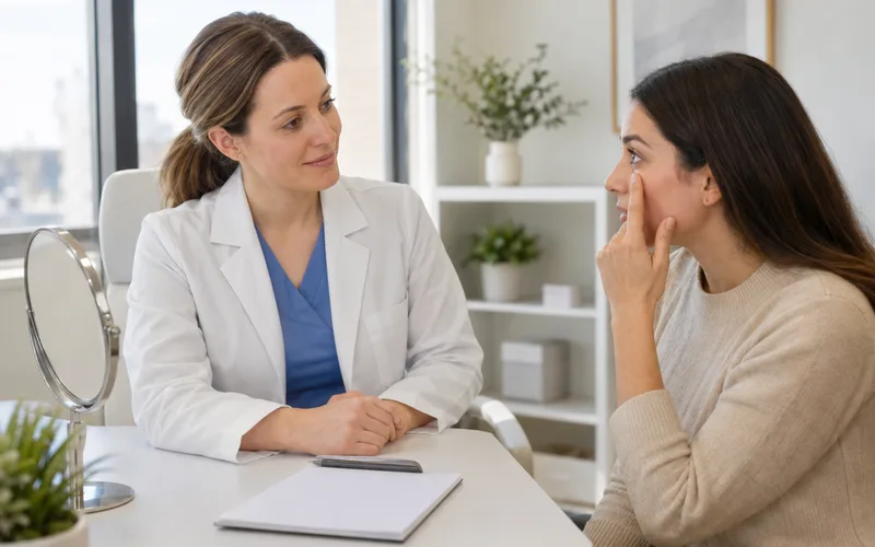 Woman pointing to her under-eye area while talking with a dermatologist at a desk