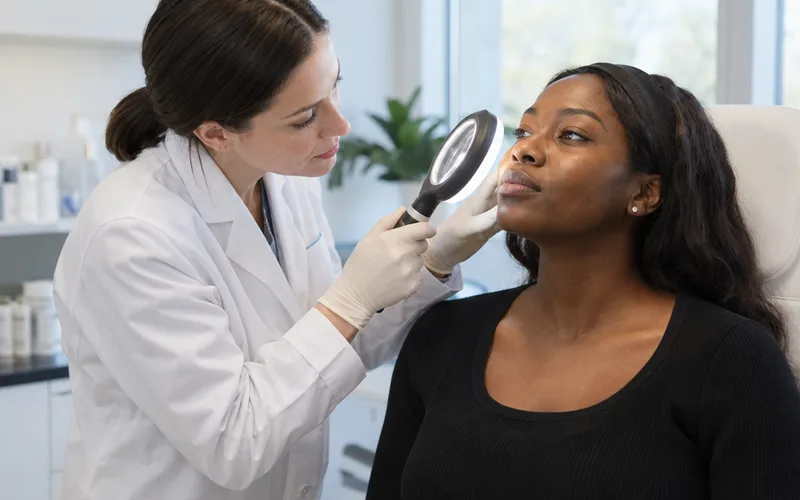 Dermatologist using a magnifying lamp to examine a woman's facial skin in a clinic