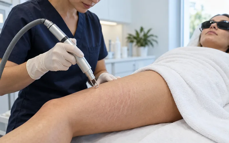 Dermatologist holding a laser handpiece over faint stretch marks on a patient's thigh