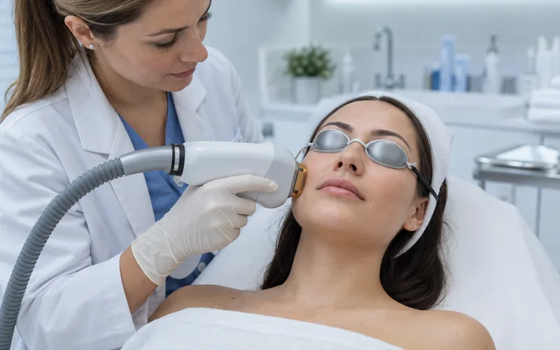 Dermatologist holding a laser handpiece near a patient's cheek while the patient wears protective eye shields