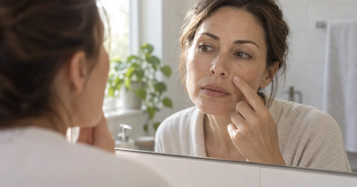 Woman leaning toward a bathroom mirror in morning light, pointing near one enlarged dark pore on her cheek