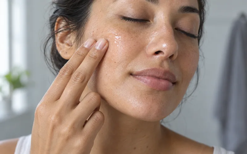 Woman pressing clear serum into her cheek with two fingertips in soft bathroom daylight