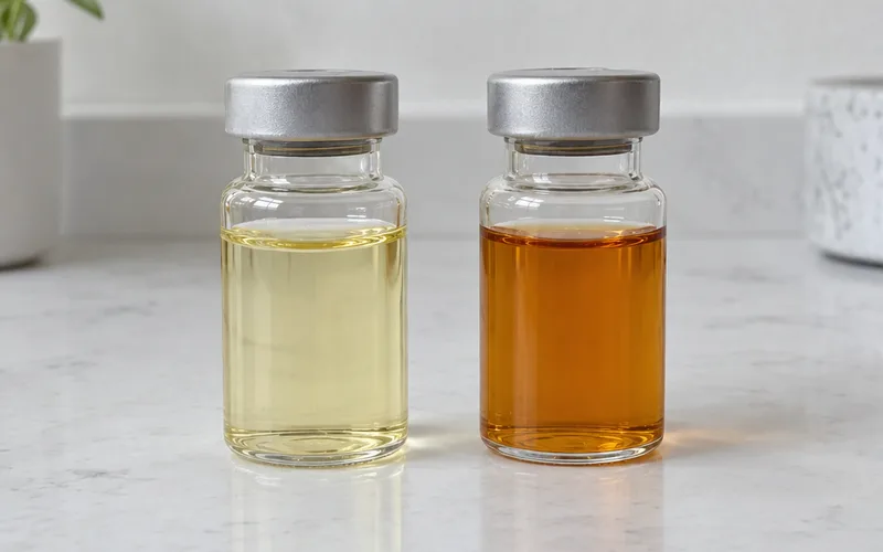 Two glass vials comparing pale fresh vitamin C serum with darker orange-brown oxidized serum