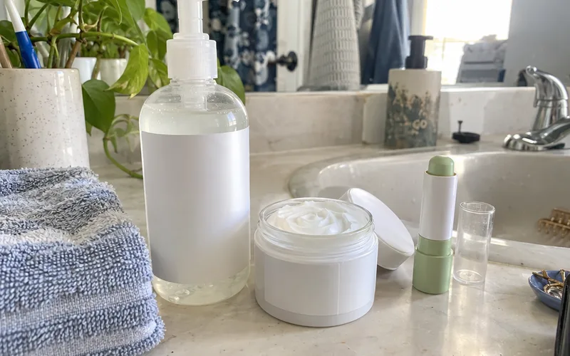 A gentle cleanser, fragrance-free moisturizer and green-tinted concealer on a shelf