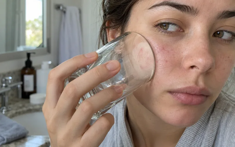 Woman pressing a clear glass against a red mark on her cheek to see whether the redness fades