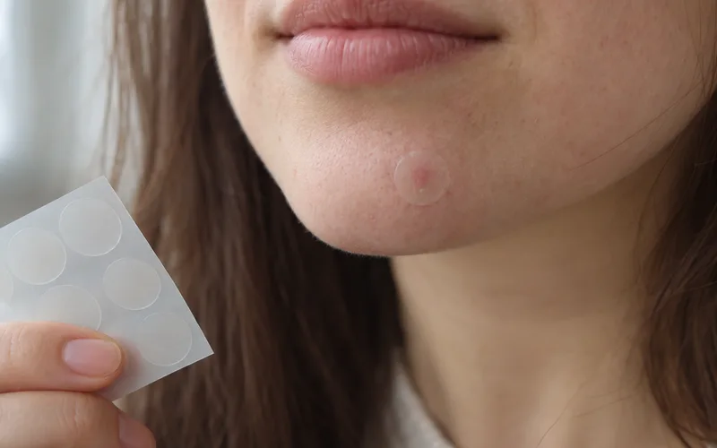 Clear round hydrocolloid pimple patch on a woman's chin with spare patches held in her fingers