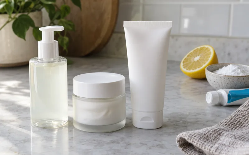 Lemon, baking soda and toothpaste pushed aside while plain cleanser, moisturizer and sunscreen bottles sit in front