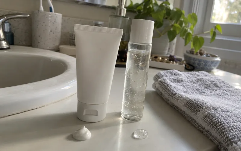 A thick white mineral sunscreen and a clear gel sunscreen on a bathroom counter with a dab of each