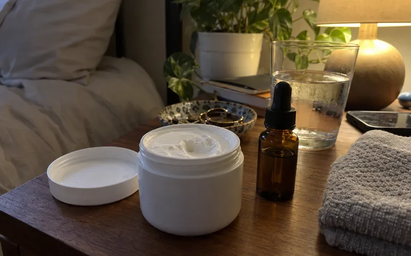 Open tub of plain moisturizer next to an amber retinol bottle on a bedside table at night