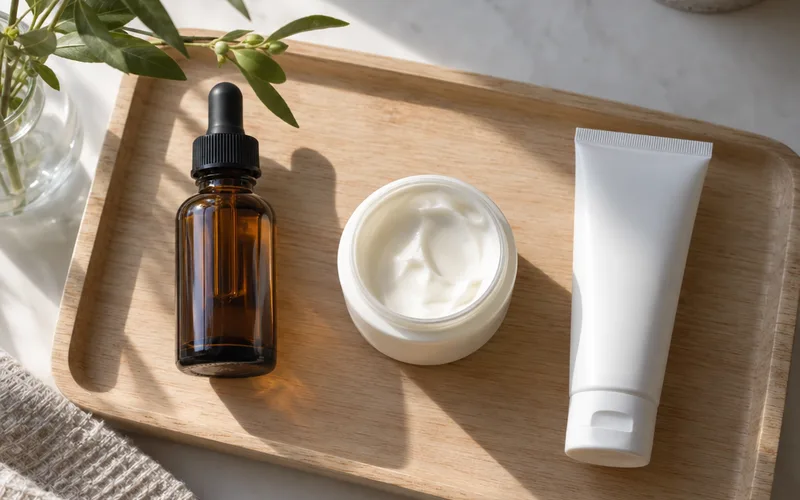 Unlabeled serum bottle, moisturizer jar and sunscreen tube lined up in order of use on a wooden tray