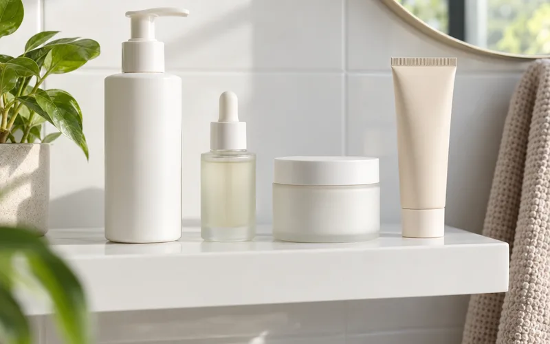 Unlabeled cleanser, serum, moisturizer and sunscreen lined up in order on a white bathroom shelf