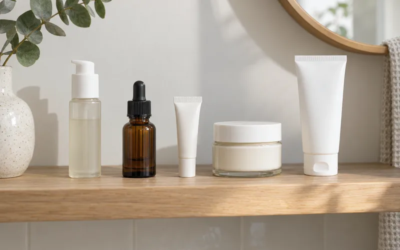 Five unlabeled skincare products lined up on a wooden shelf in application order