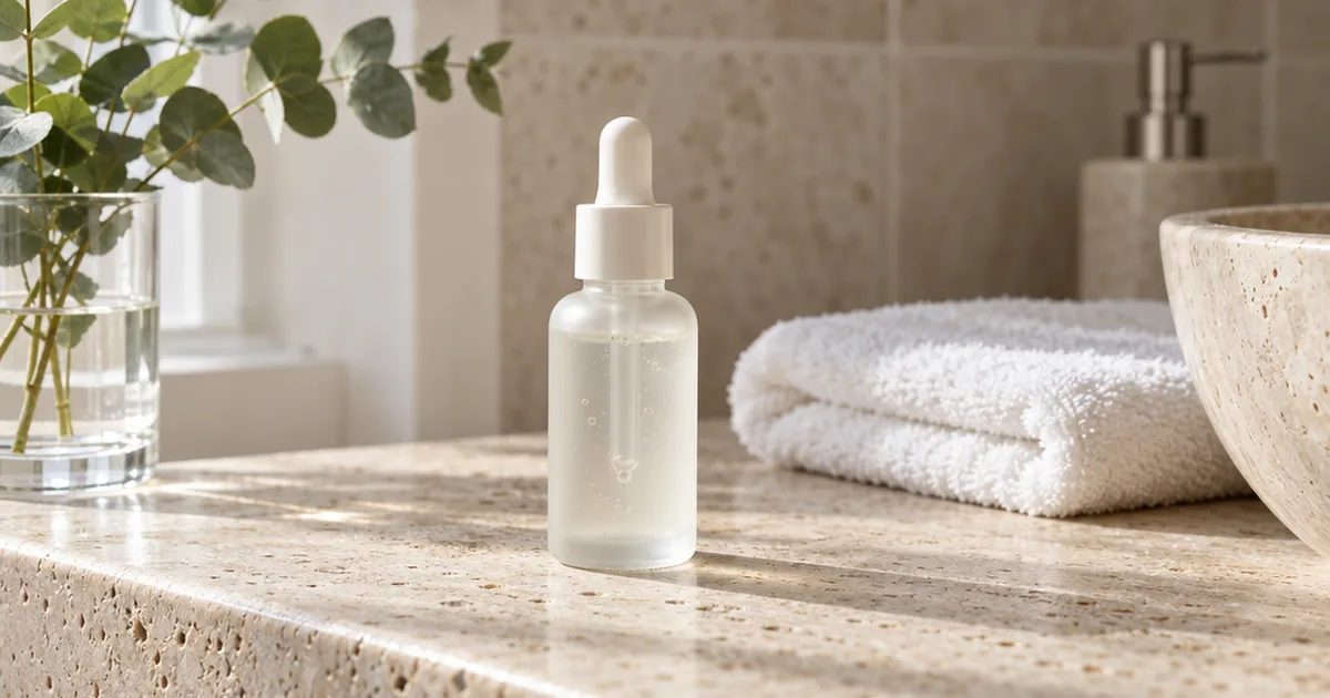 Unlabeled frosted glass dropper bottle of clear niacinamide serum on a pale stone bathroom vanity with a folded white towel