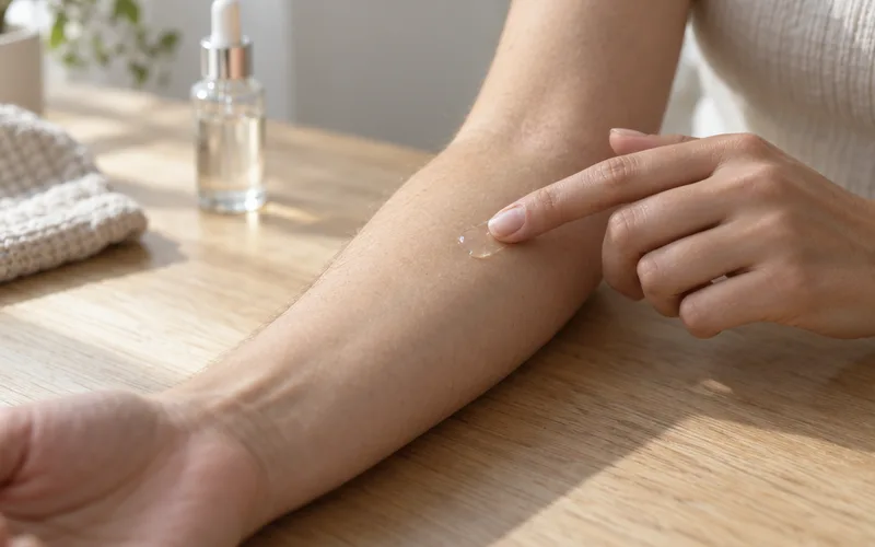 Fingertip applying a small dab of clear serum to the forearm for a patch test