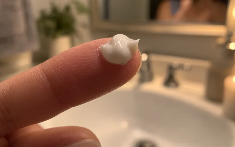 Pea-size dab of white retinoid cream on a fingertip above a bathroom sink