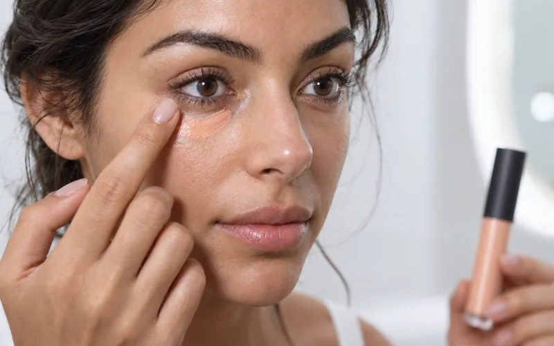 Woman dabbing peach color corrector under her eye with a fingertip
