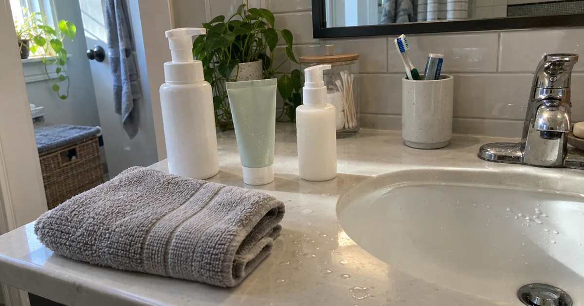 Gentle cleanser, retinoid gel tube and oil-free moisturizer beside a bathroom sink for clearing clogged pores