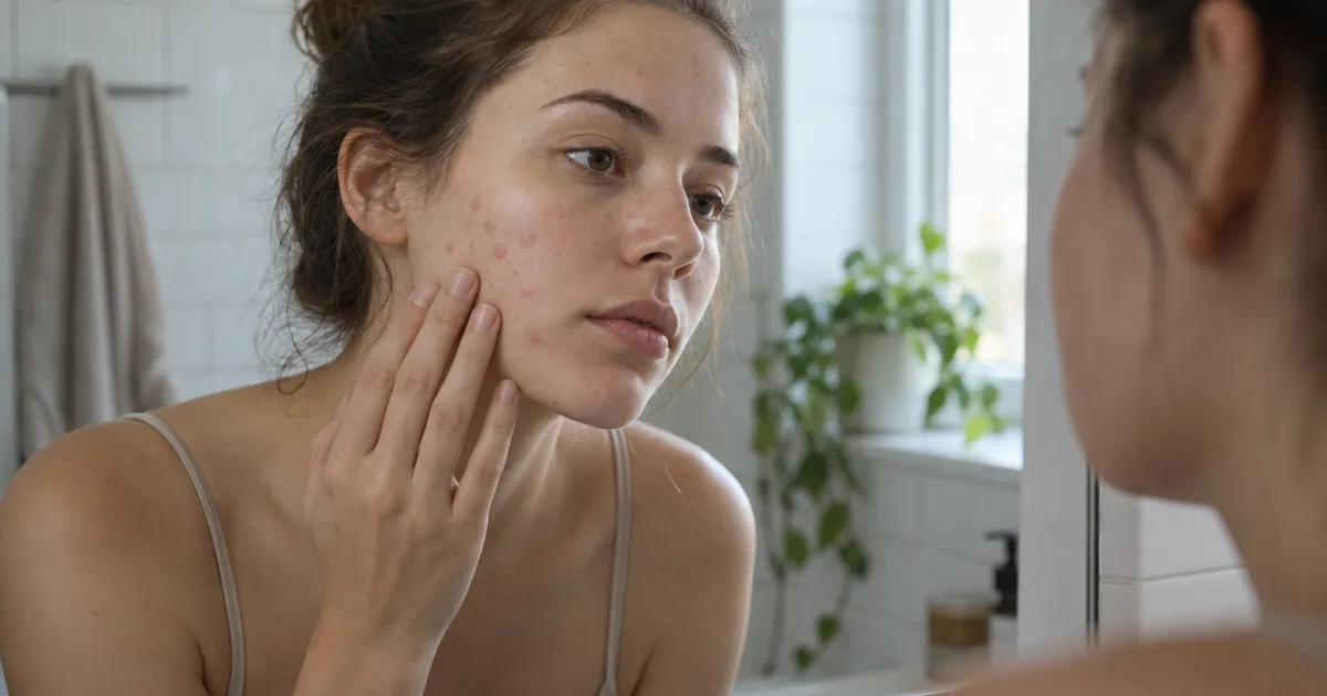 Woman with fair skin looking closely in a bathroom mirror at flat red marks left on her cheek after acne
