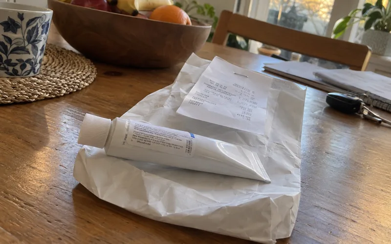 A prescription rosacea cream tube resting on a white paper pharmacy bag