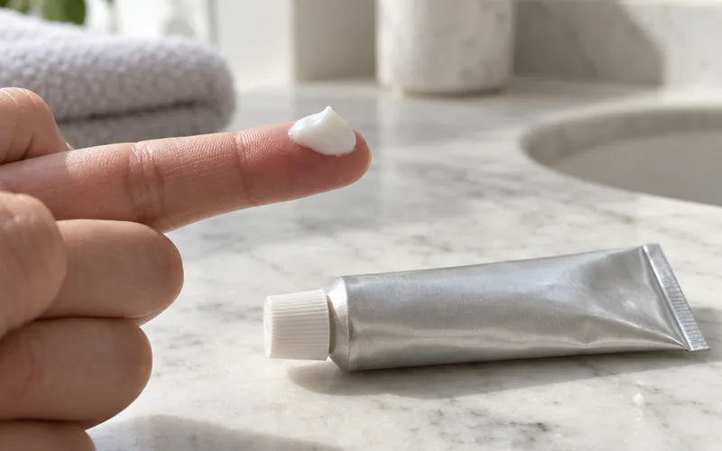 Pea-sized amount of white prescription cream on a fingertip above an unlabeled tube