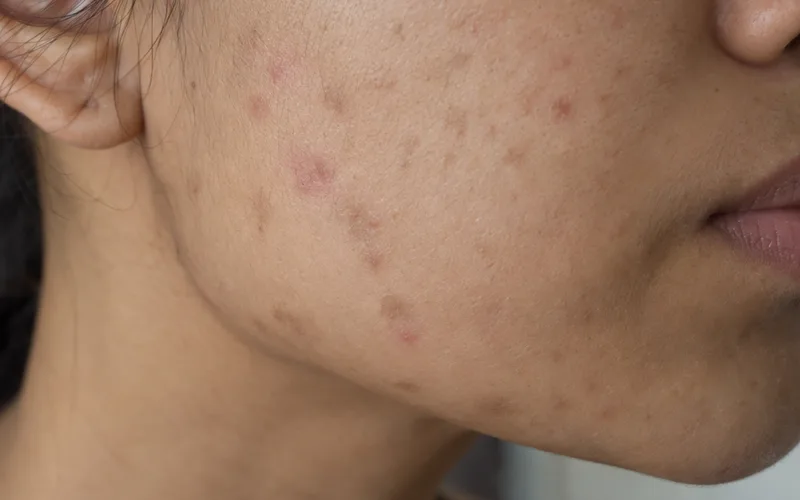 Jawline with medium skin showing a mix of flat red marks and light brown marks after acne