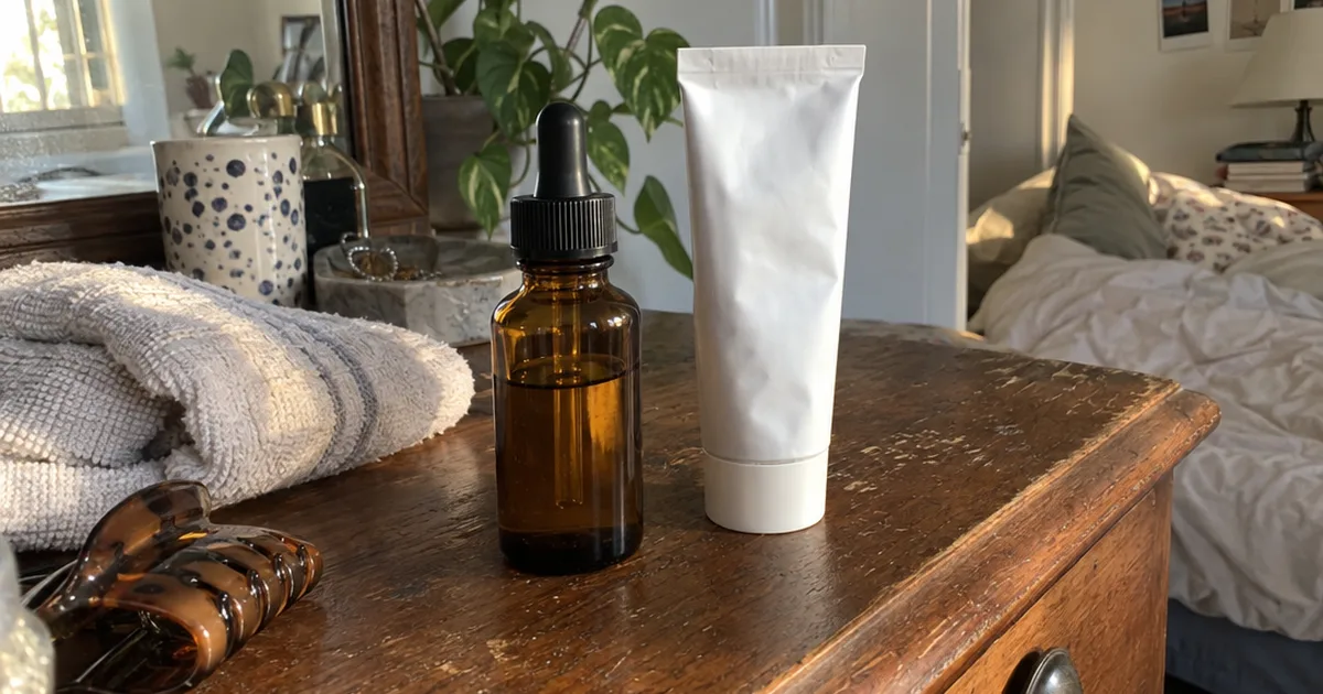 Retinol serum bottle beside a prescription retinoid cream tube on a dresser