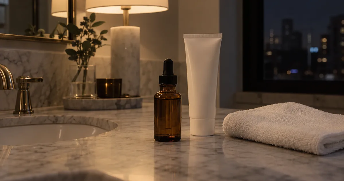 Unlabeled amber serum bottle with dropper and a white cream tube on a marble vanity under warm evening light