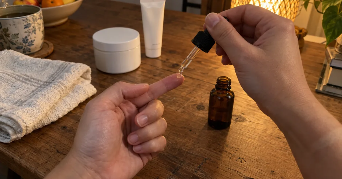 Hand dispensing a pea-sized drop of retinol serum onto a fingertip, with moisturizer and sunscreen on the table behind