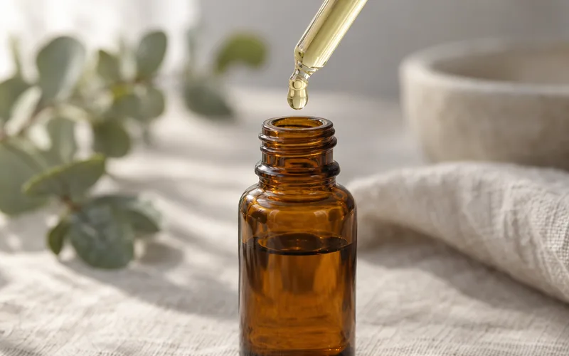 Glass dropper releasing a drop of pale yellow retinol serum over an unlabeled amber bottle