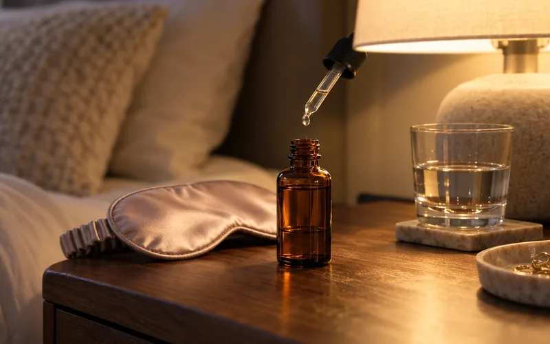 Unlabeled amber serum dropper bottle on a wooden nightstand under warm evening lamplight