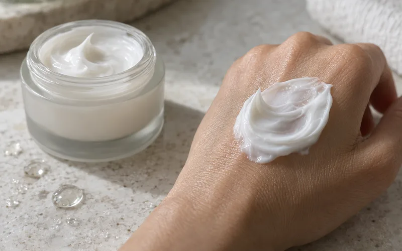 Swirl of thick white moisturizer on the back of a hand beside an open cream jar