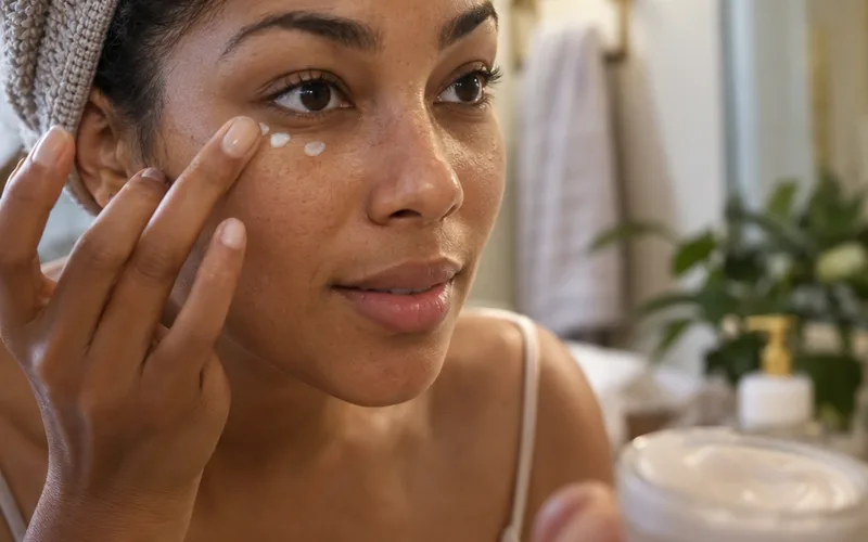 Woman tapping small dots of eye cream under her eye with a fingertip