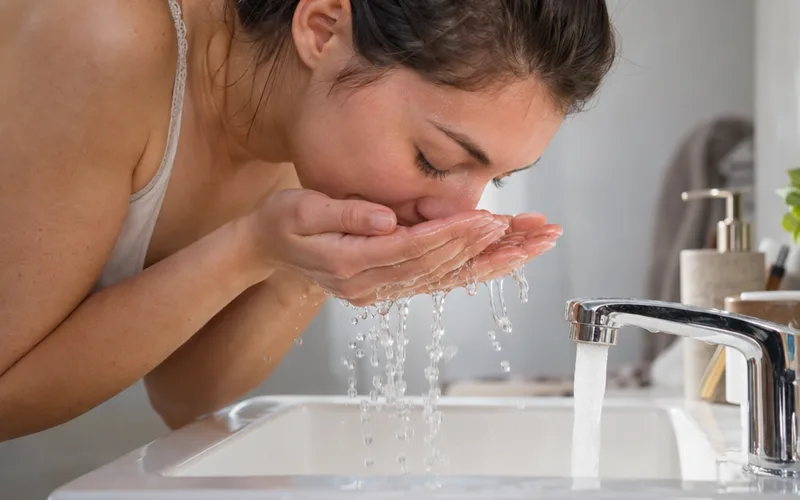 Woman gently rinsing her face with water from cupped hands over a white bathroom sink