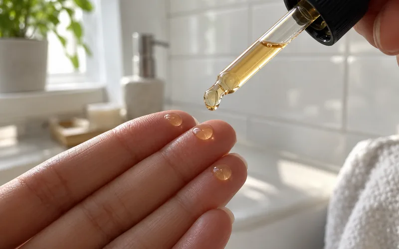 Fingertips holding drops of vitamin C serum under an amber glass dropper in a bright bathroom