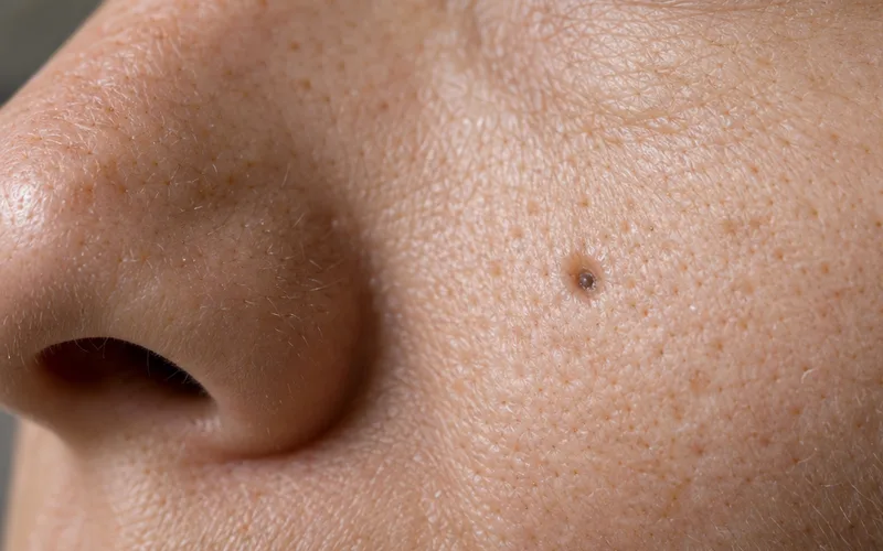 Macro close-up of cheek skin with tiny normal pores and one wider pore holding a dark plug