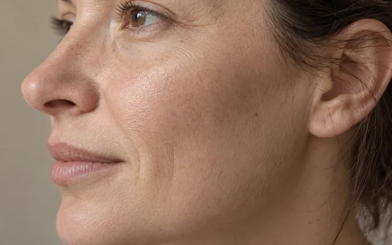 Close-up of a woman's smooth, even cheek skin in soft window light
