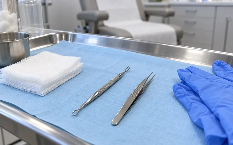 Stainless steel comedone extractor and fine tweezers on a sterile blue drape in a dermatology clinic